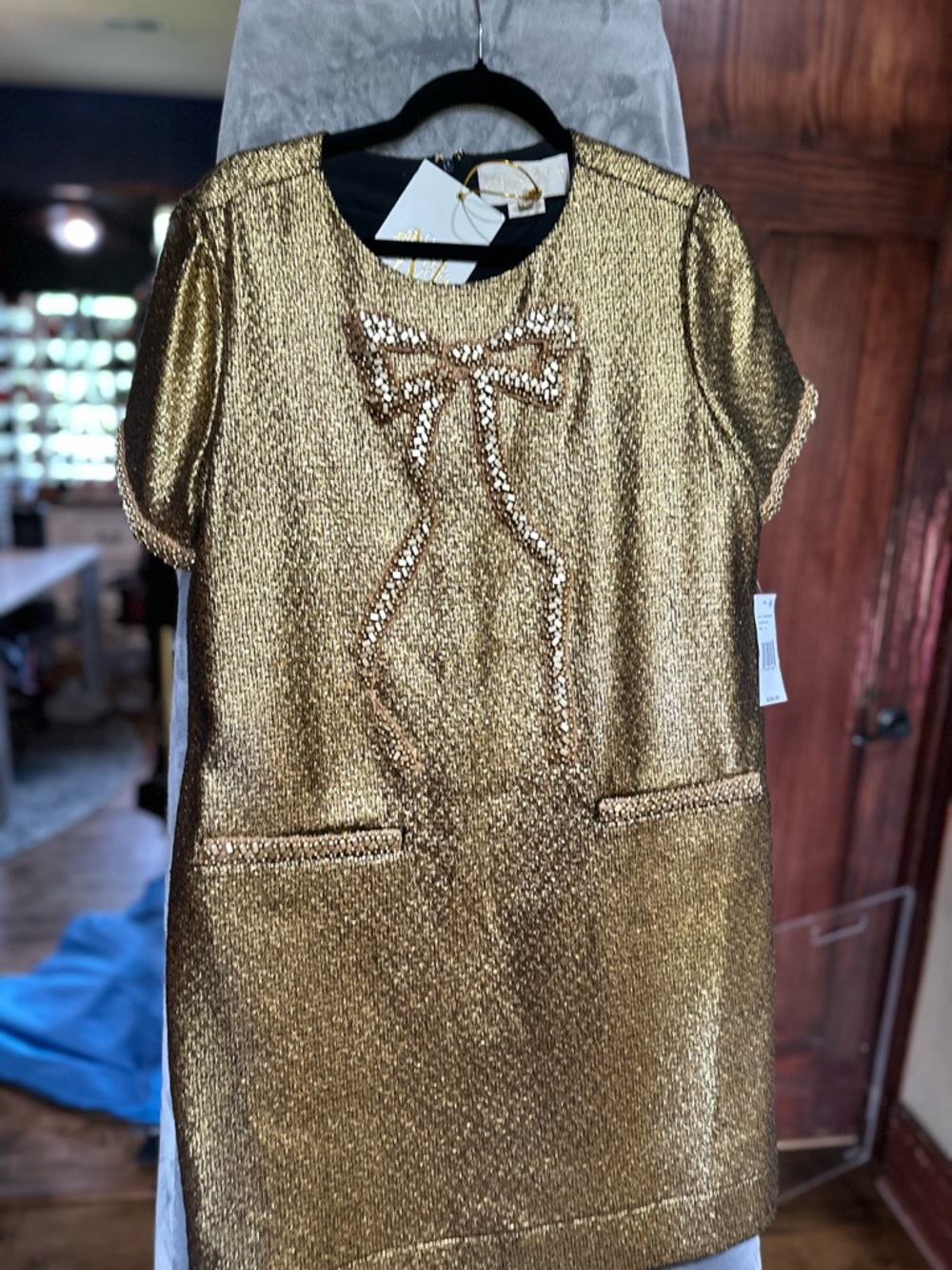 Gold Sequin Bow Short-Sleeve Kids Dress